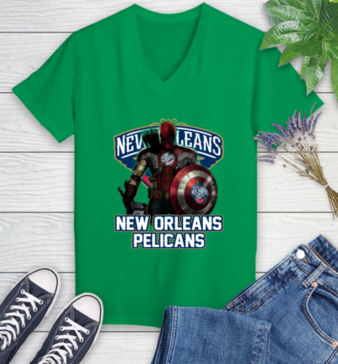New Orleans Pelicans NBA Basketball Captain America Thor Spider Man Hawkeye Avengers Women's V-Neck T-Shirt 5