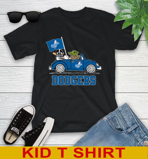 MLB Baseball Los Angeles Dodgers Darth Vader Baby Yoda Driving Star Wars Shirt Youth T-Shirt 2