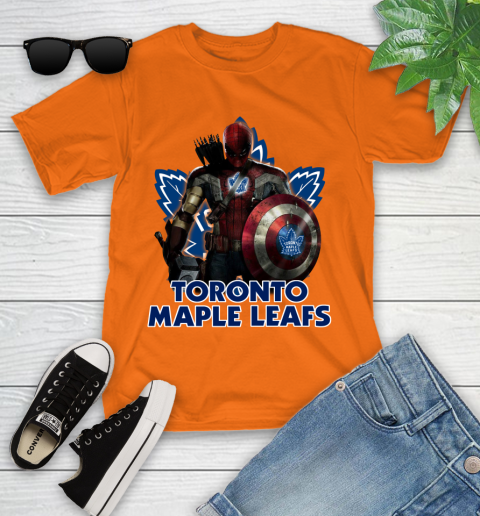 NHL Captain America Thor Spider Man Hawkeye Avengers Endgame Hockey Toronto Maple Leafs Youth T-Shirt 7