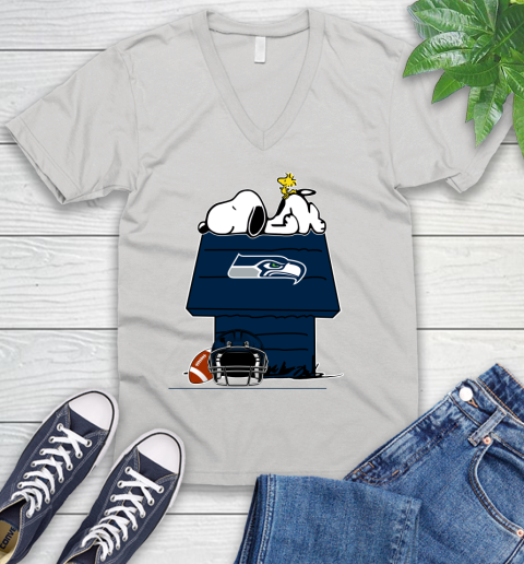 Seattle Seahawks NFL Football Snoopy Woodstock The Peanuts Movie V-Neck T-Shirt