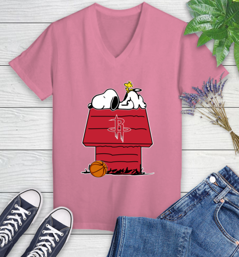 Houston Rockets NBA Basketball Snoopy Woodstock The Peanuts Movie Women's V-Neck T-Shirt 13