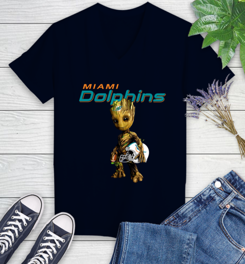 Miami Dolphins NFL Football Groot Marvel Guardians Of The Galaxy Women's V-Neck T-Shirt 3