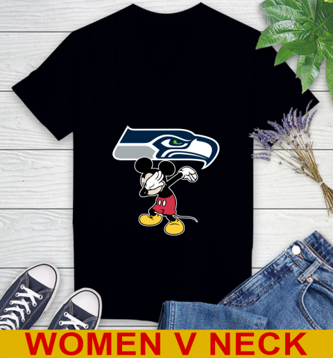 Seattle Seahawks NFL Football Dabbing Mickey Disney Sports Women's V-Neck T-Shirt 2