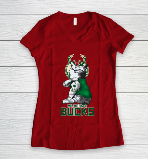 NBA Basketball My Cat Loves Milwaukee Bucks Women's V-Neck T-Shirt 8