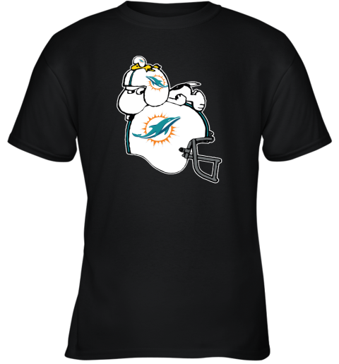 Snoopy And Woodstock Resting On Minami Dolphins Helmet Youth T-Shirt