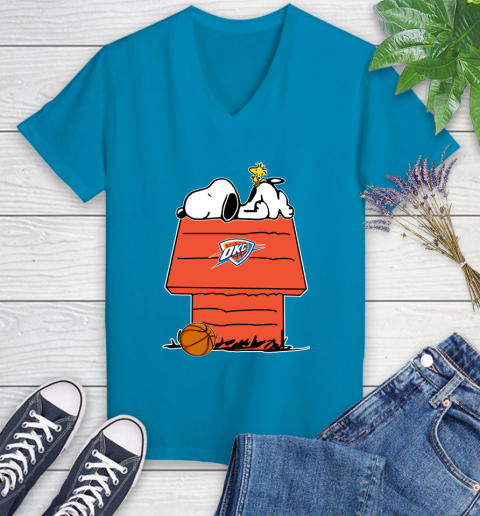 Oklahoma City Thunder NBA Basketball Snoopy Woodstock The Peanuts Movie Women's V-Neck T-Shirt 7