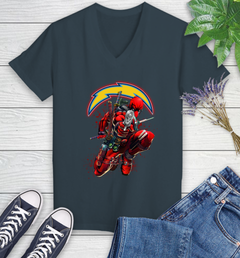 NFL Deadpool Marvel Comics Sports Football Los Angeles Chargers Women's V-Neck T-Shirt 8