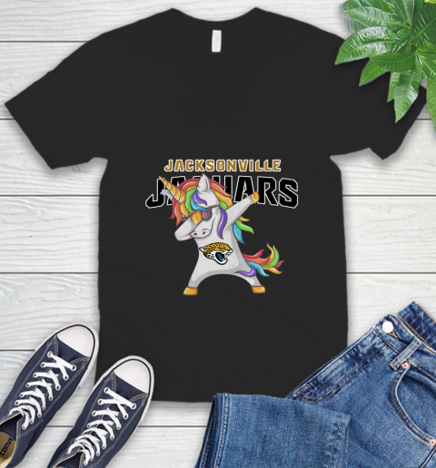 Jacksonville Jaguars NFL Football Funny Unicorn Dabbing Sports V-Neck T-Shirt 2