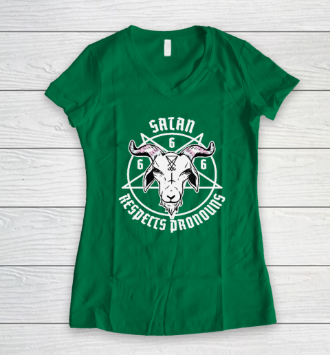 Satan Respects Pronouns Transgender Pentagram Trans Flag Women's V-Neck T-Shirt 3