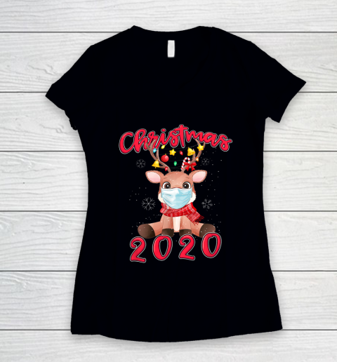 Christmas 2020 Reindeer Mask Matching Pajama Idea Women's V-Neck T-Shirt