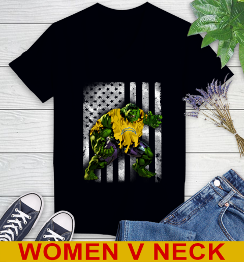 Los Angeles Chargers Hulk Marvel Avengers NFL Football American Flag Women's V-Neck T-Shirt