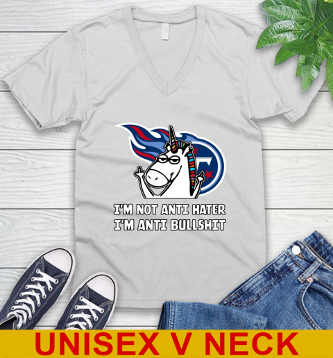 Tennessee Titans NFL Football Unicorn I'm Not Anti Hater I'm Anti Bullshit V-Neck T-Shirt
