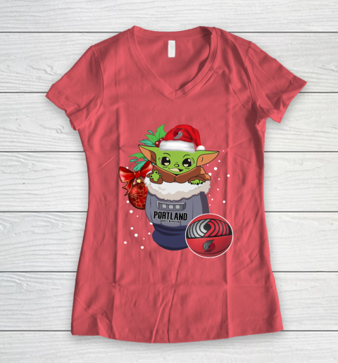 Portland Trail Blazers Christmas Baby Yoda Star Wars Funny Happy NBA Women's V-Neck T-Shirt 6