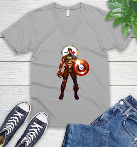 NFL Captain America Marvel Avengers Endgame Football Sports Pittsburgh Steelers V-Neck T-Shirt 4