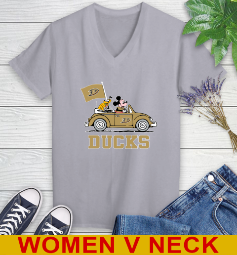 NHL Hockey Anaheim Ducks Pluto Mickey Driving Disney Shirt Women's V-Neck T-Shirt 5