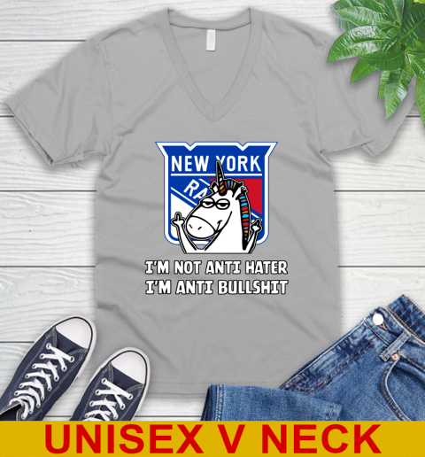 New York Rangers NHL Hockey Unicorn I'm Not Anti Hater I'm Anti Bullshit V-Neck T-Shirt 4
