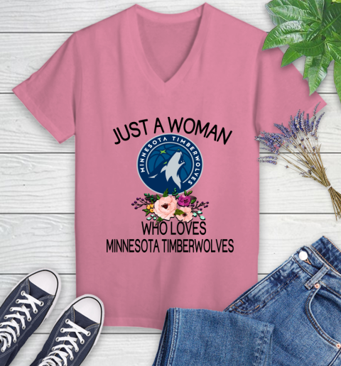 NBA Just A Woman Who Loves Minnesota Timberwolves Basketball Sports Women's V-Neck T-Shirt 8