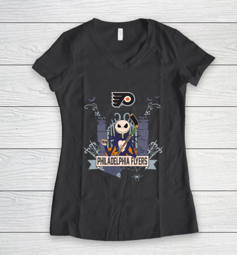 NHL Philadelphia Flyers Hockey Jack Skellington Halloween Women's V-Neck T-Shirt 6