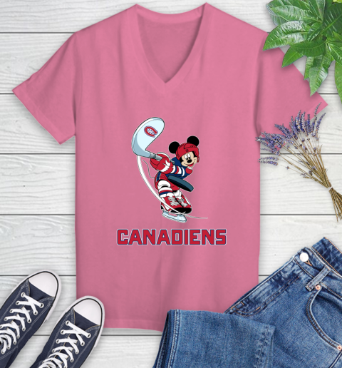 NHL Hockey Montreal Canadiens Cheerful Mickey Mouse Shirt Women's V-Neck T-Shirt - Image 12
