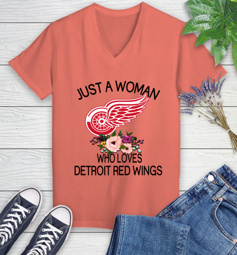 NHL Just A Woman Who Loves Detroit Red Wings Hockey Sports Women's V-Neck T-Shirt 3