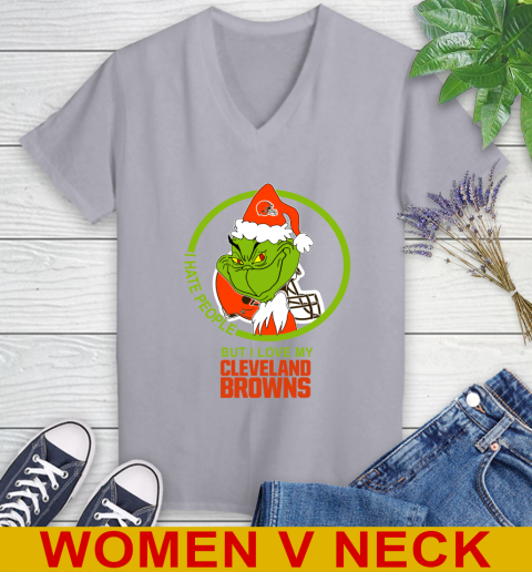 Cleveland Browns NFL Christmas Grinch I Hate People But I Love My Favorite Football Team Women's V-Neck T-Shirt 5