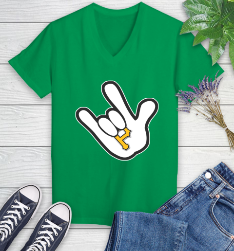 Pittsburgh Pirates MLB Baseball Mickey Rock Hand Disney Women's V-Neck T-Shirt 5