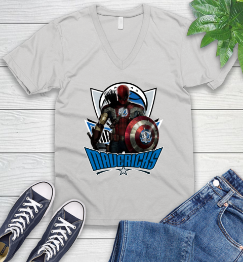 Dallas Mavericks NBA Basketball Captain America Thor Spider Man Hawkeye Avengers V-Neck T-Shirt