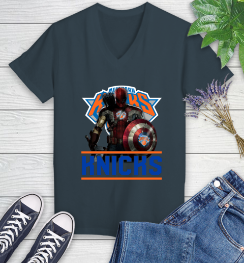 New York Knicks NBA Basketball Captain America Thor Spider Man Hawkeye Avengers Women's V-Neck T-Shirt 8