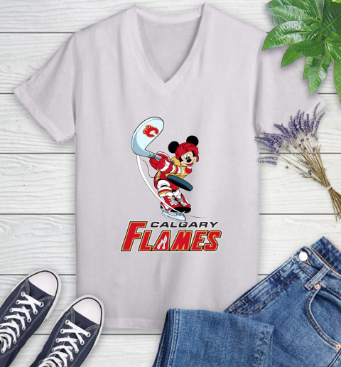 NHL Hockey Calgary Flames Cheerful Mickey Mouse Shirt Women's V-Neck T-Shirt 2