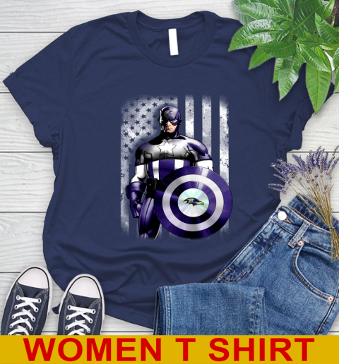 Baltimore Ravens NFL Football Captain America Marvel Avengers American Flag Shirt Women's T-Shirt 12