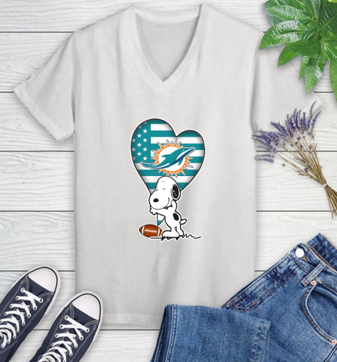 Miami Dolphins NFL Football The Peanuts Movie Adorable Snoopy Women's V-Neck T-Shirt