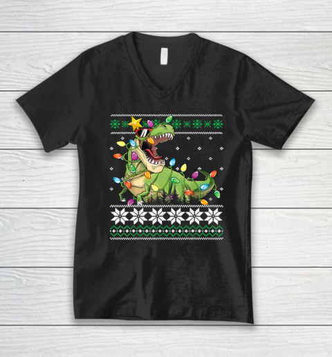 Funny Christmas Ugly Sweater Boys Men Kids Tree Rex V-Neck T-Shirt