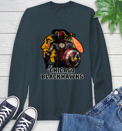 NHL Captain America Thor Spider Man Hawkeye Avengers Endgame Hockey Chicago Blackhawks Long Sleeve T-Shirt 8