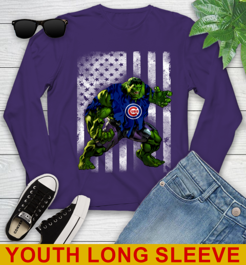 Chicago Cubs Hulk Marvel Avengers MLB Baseball American Flag Youth Long Sleeve 4