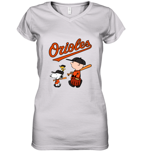 Baltimore Orioles Let's Play Baseball Together Snoopy MLB Women's V-Neck T-Shirt