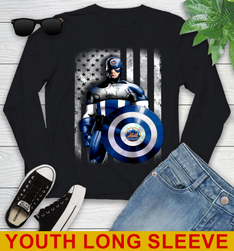 New York Mets MLB Baseball Captain America Marvel Avengers American Flag Shirt Youth Long Sleeve