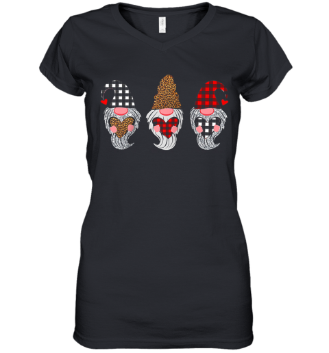 Three Gnomes Holding Hearts Leopard Valentine's Day Women's V-Neck T-Shirt