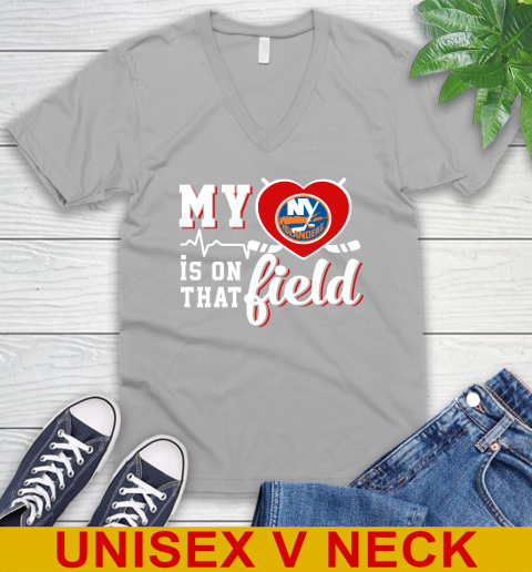 NHL My Heart Is On That Field Hockey Sports New York Islanders V-Neck T-Shirt 3
