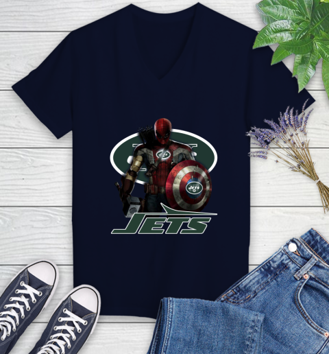 NFL Captain America Thor Spider Man Hawkeye Avengers Endgame Football New York Jets Women's V-Neck T-Shirt 3