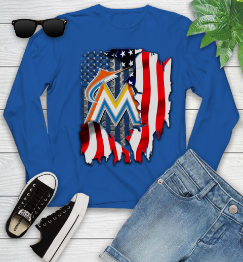 Miami Marlins MLB Baseball American Flag Youth Long Sleeve 10