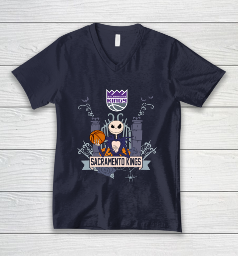 NBA Sacramento Kings Basketball Jack Skellington Halloween V-Neck T-Shirt 2