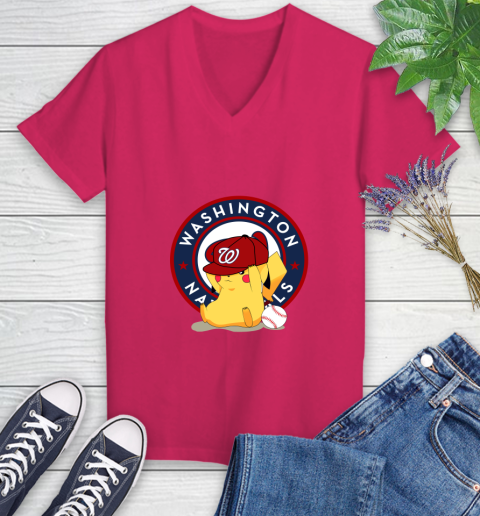 MLB Pikachu Baseball Sports Washington Nationals Women's V-Neck T-Shirt 9