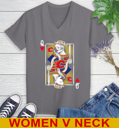NHL Hockey Calgary Flames The Queen Of Hearts Card Shirt Women's V-Neck T-Shirt 11