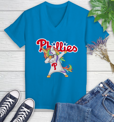 Philadelphia Phillies MLB Baseball Funny Unicorn Dabbing Sports Women's V-Neck T-Shirt 7