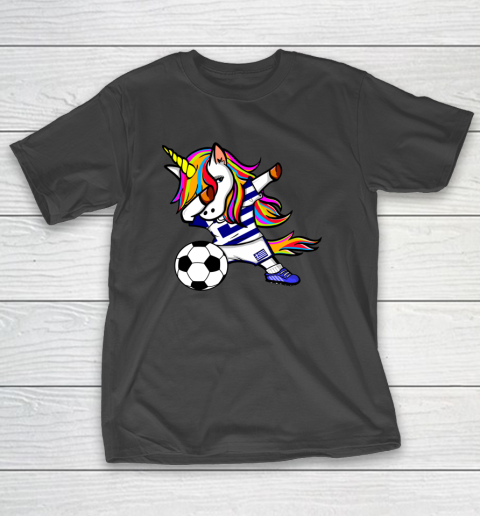 Funny Dabbing Unicorn Greece Football Greek Flag Soccer T-Shirt 2