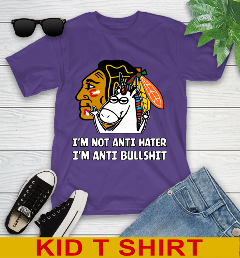 Chicago Blackhawks NHL Hockey Unicorn I'm Not Anti Hater I'm Anti Bullshit Youth T-Shirt 4