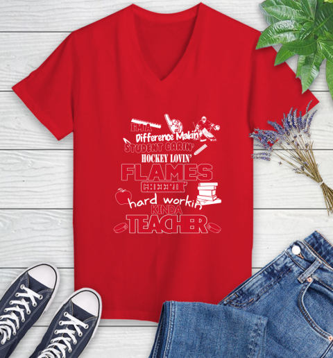 Calgary Flames NHL I'm A Difference Making Student Caring Hockey Loving Kinda Teacher Women's V-Neck T-Shirt 11