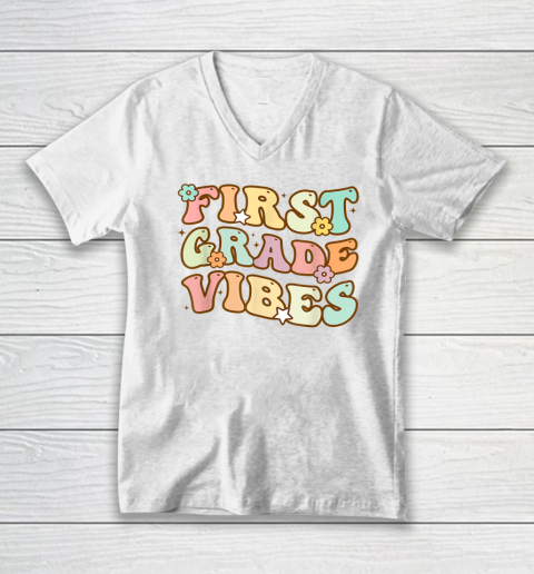 Back To School First Grade Vibes Retro Teacher V-Neck T-Shirt