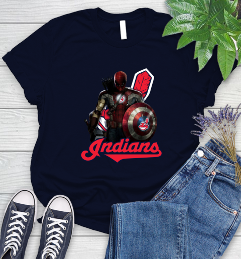 MLB Captain America Thor Spider Man Hawkeye Avengers Endgame Baseball Cleveland Indians Women's T-Shirt 3