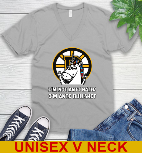 Boston Bruins NHL Hockey Unicorn I'm Not Anti Hater I'm Anti Bullshit V-Neck T-Shirt 4